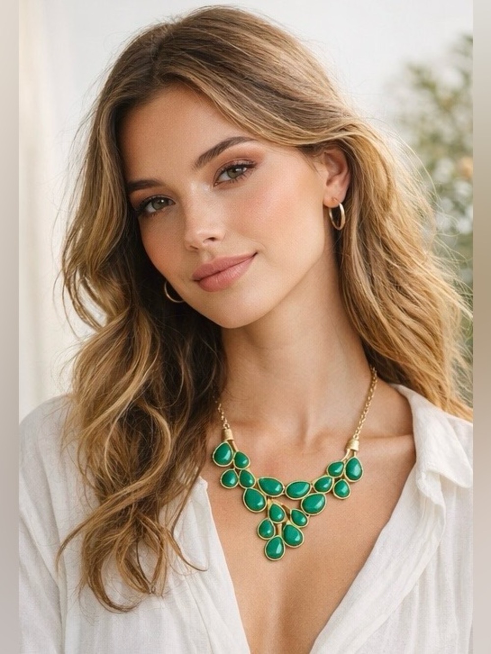 Vintage Green Teardrop Statement Necklace Gold Bib Boho Jade Look Adjustable